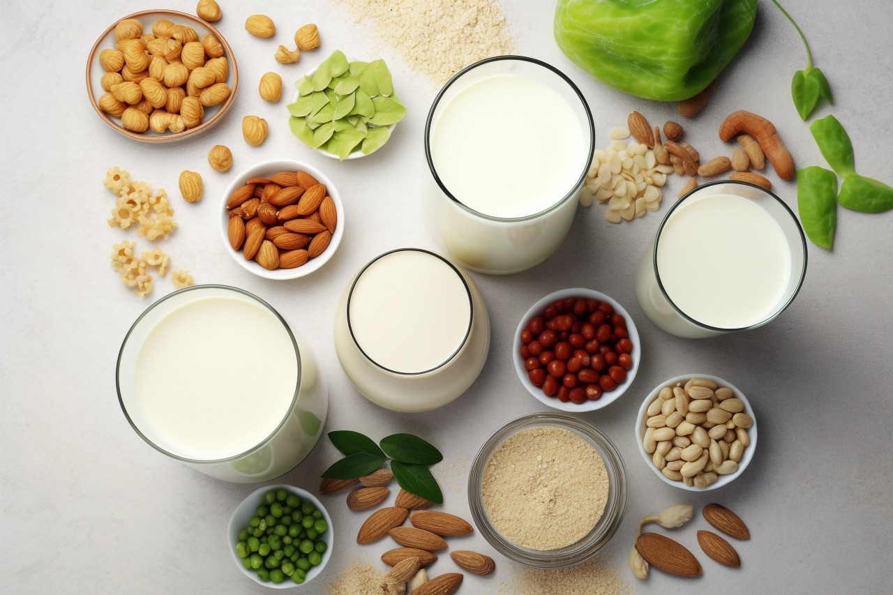 A picture of different vegan plant milks and their ingredients, food and drink at home image