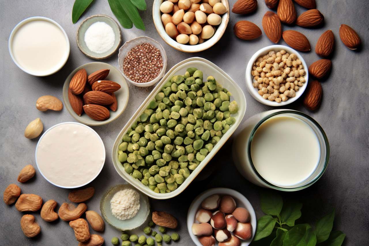 A picture of different vegan plant milks and their ingredients, food and drink at home image