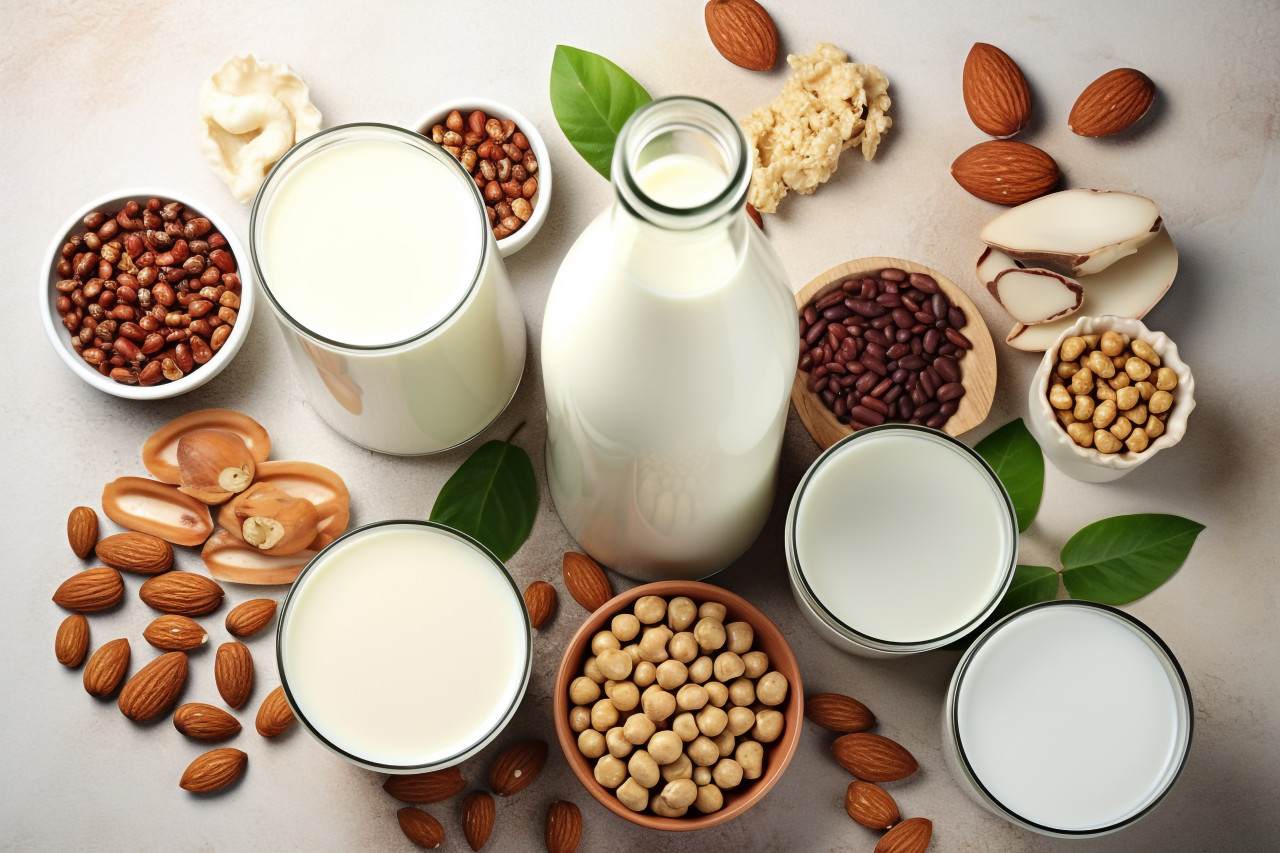 A picture of different vegan plant milks and their ingredients, food and drink at home image