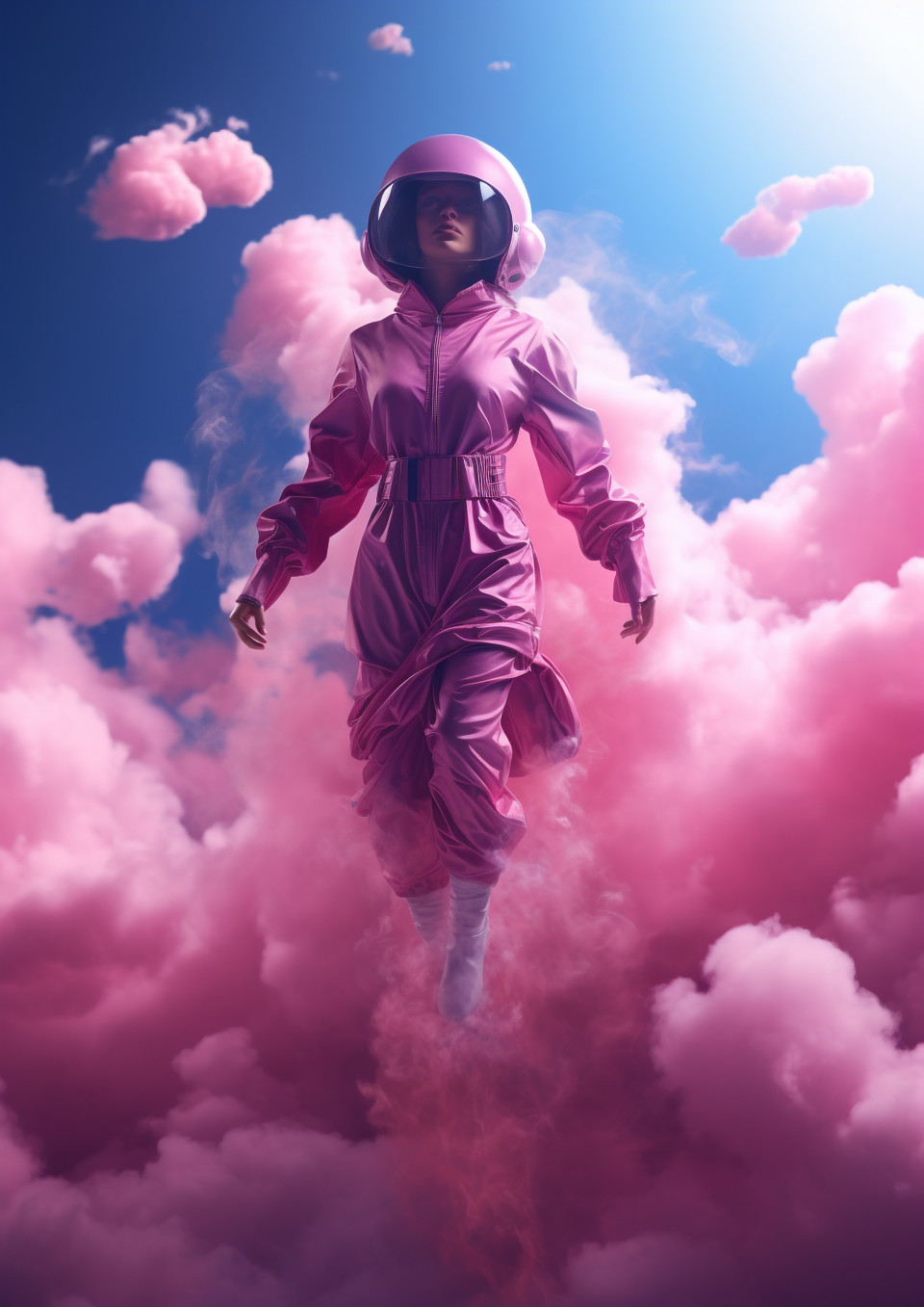 A blue man is flying up into the dark blue sky through the clouds, futuristic image