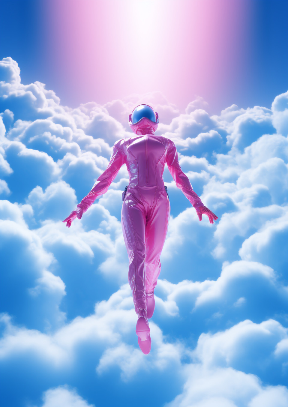 A blue man is flying up into the dark blue sky through the clouds, futuristic image