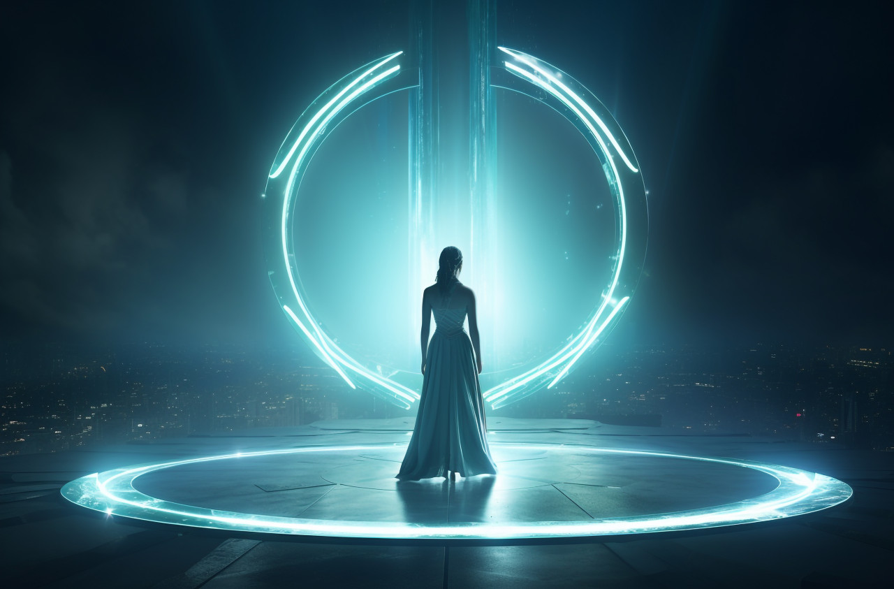 A woman is standing inside a round ring of light, futuristic image