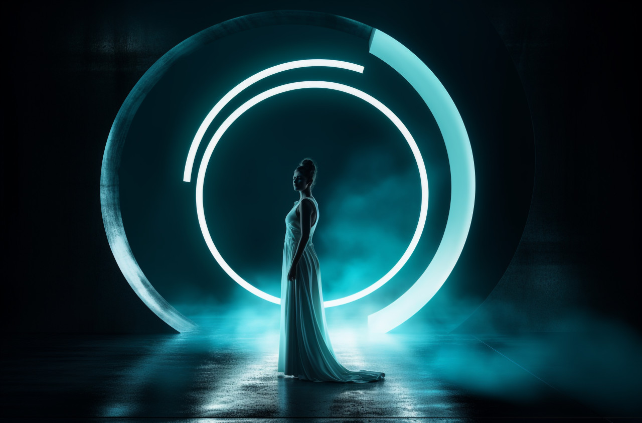 A woman dark outline stands out against a bright round hole, futuristic image