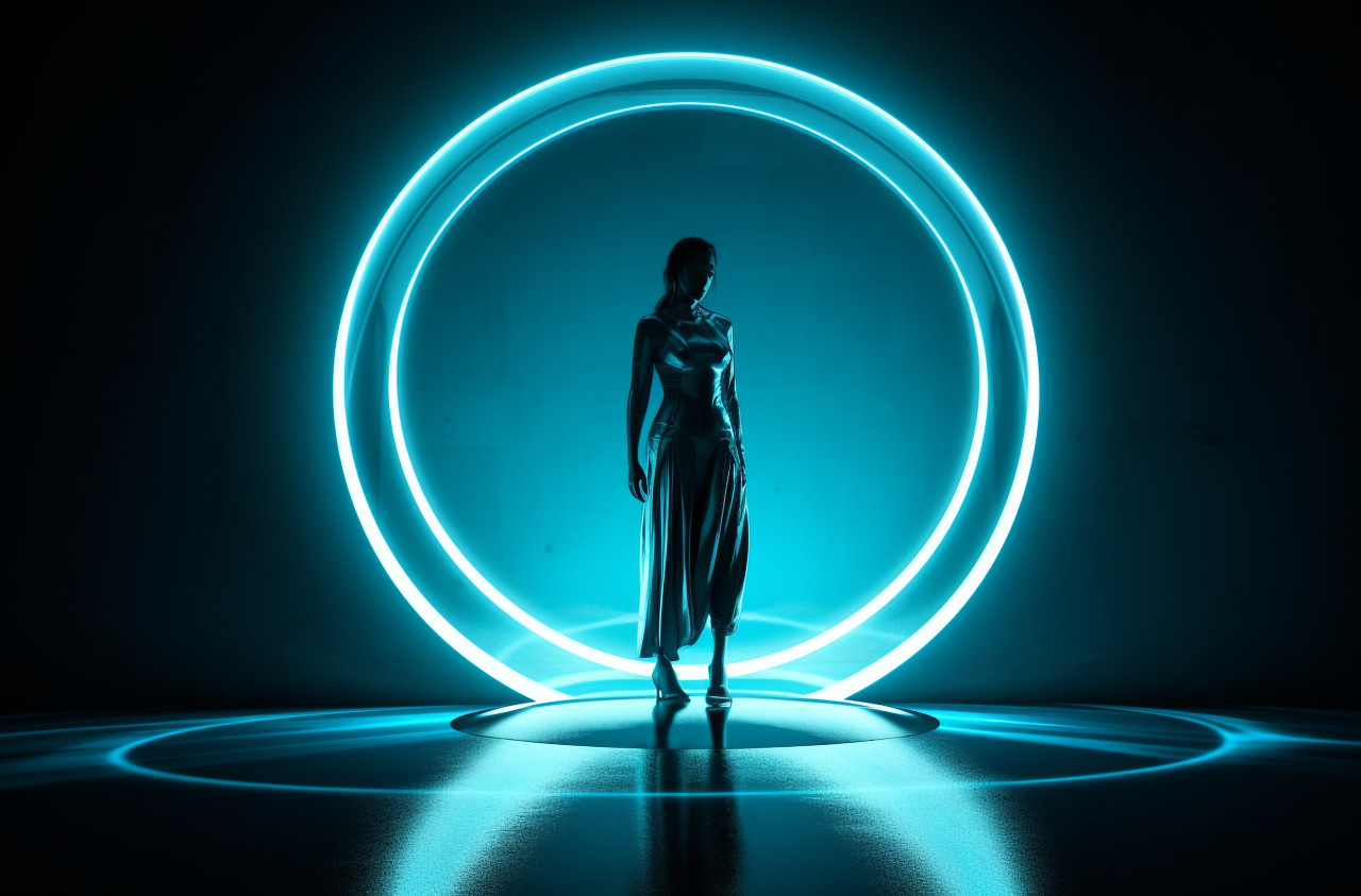 A woman dark outline stands out against a bright round hole, futuristic image