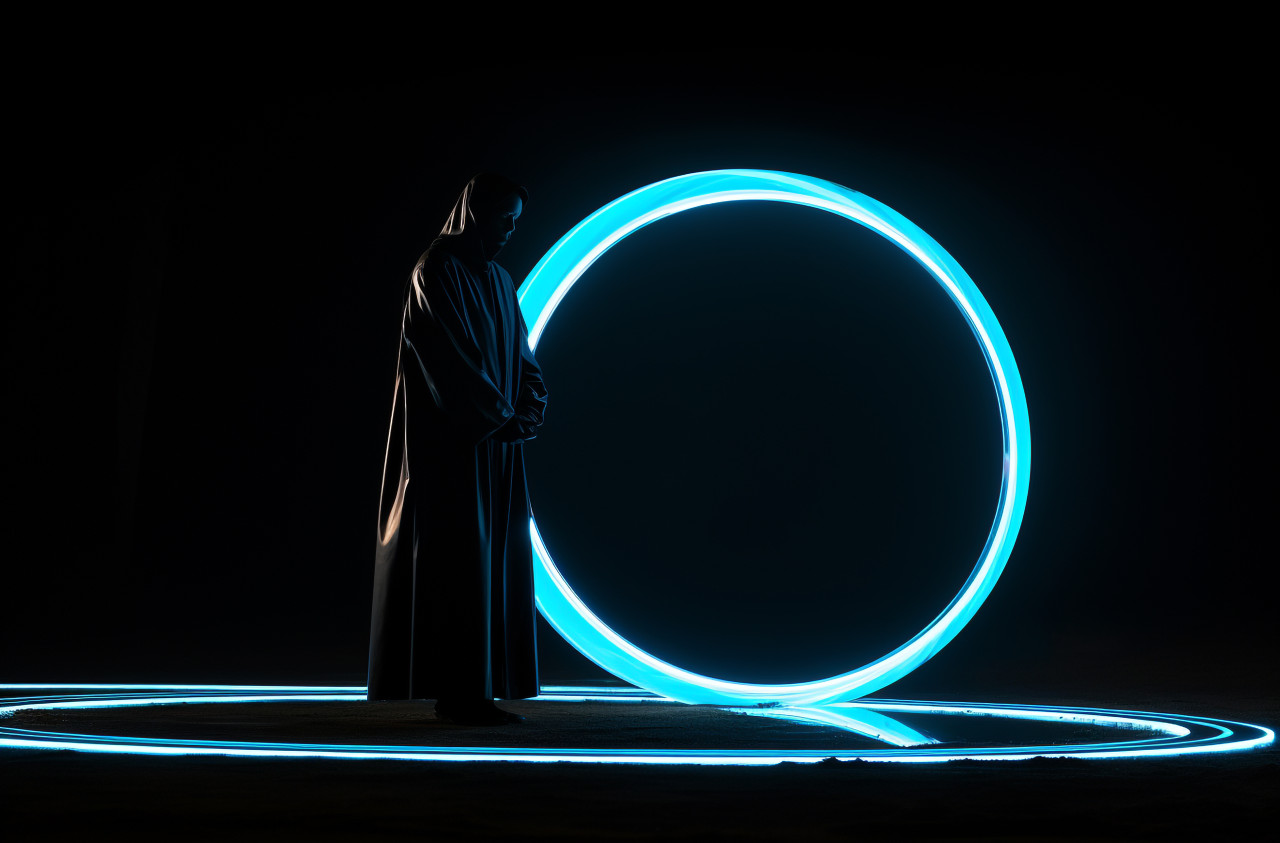 A person wearing a shiny black outfit, futuristic image