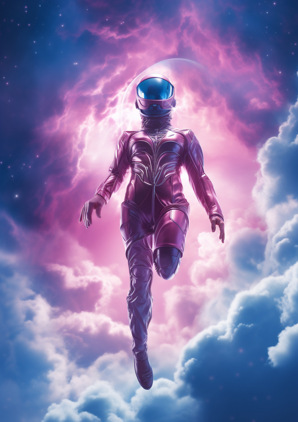 A blue man is flying up into the dark blue sky through the clouds, futuristic image