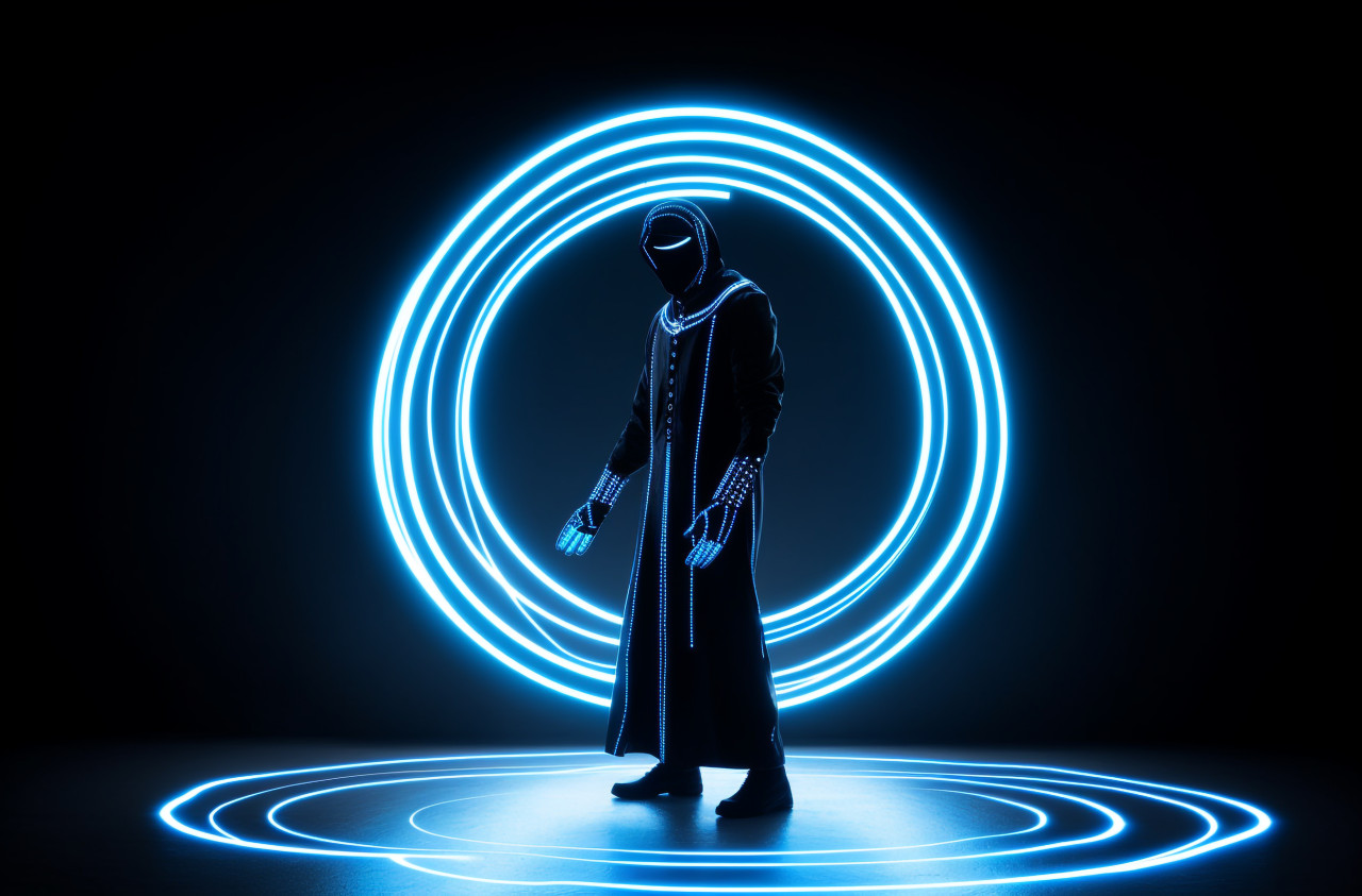 A person wearing a shiny black outfit, futuristic image