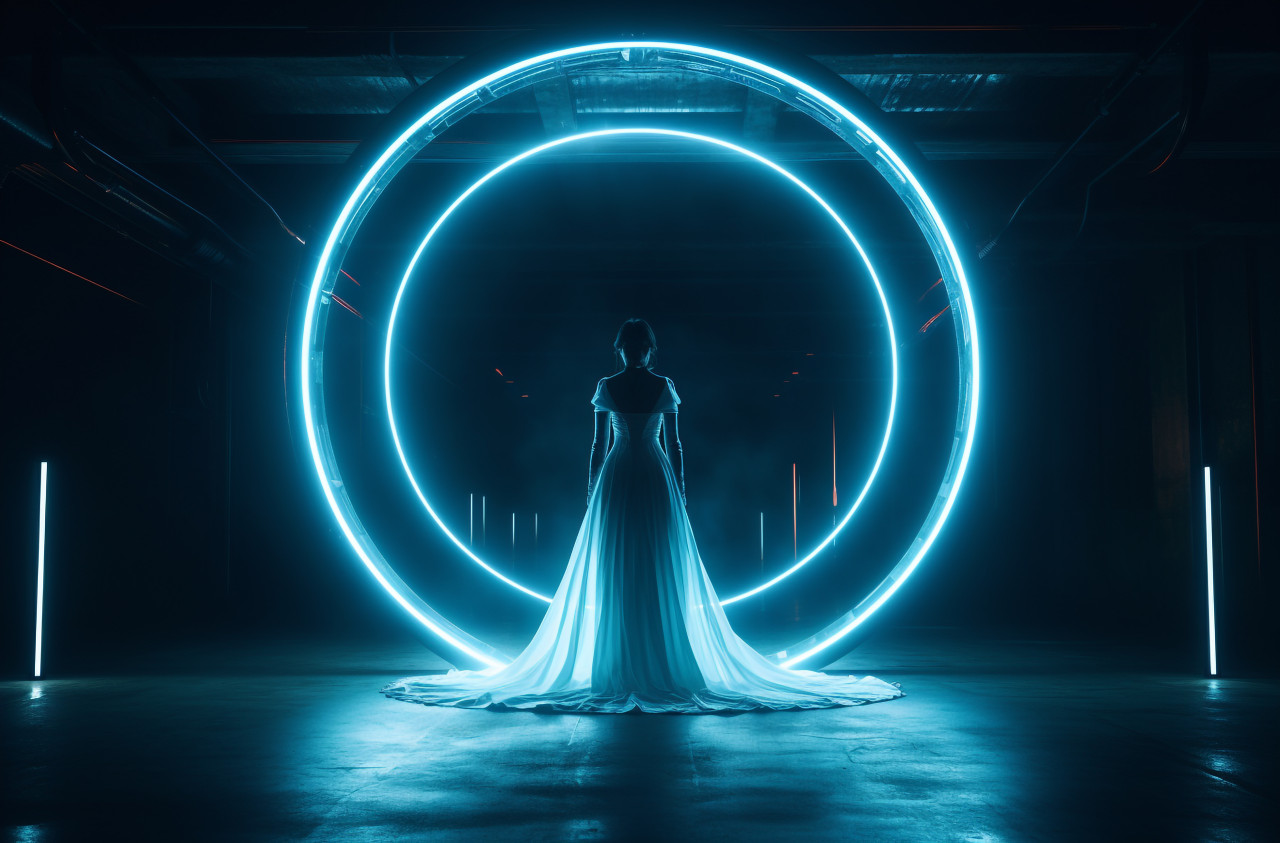 A woman is standing inside a round ring of light, futuristic image