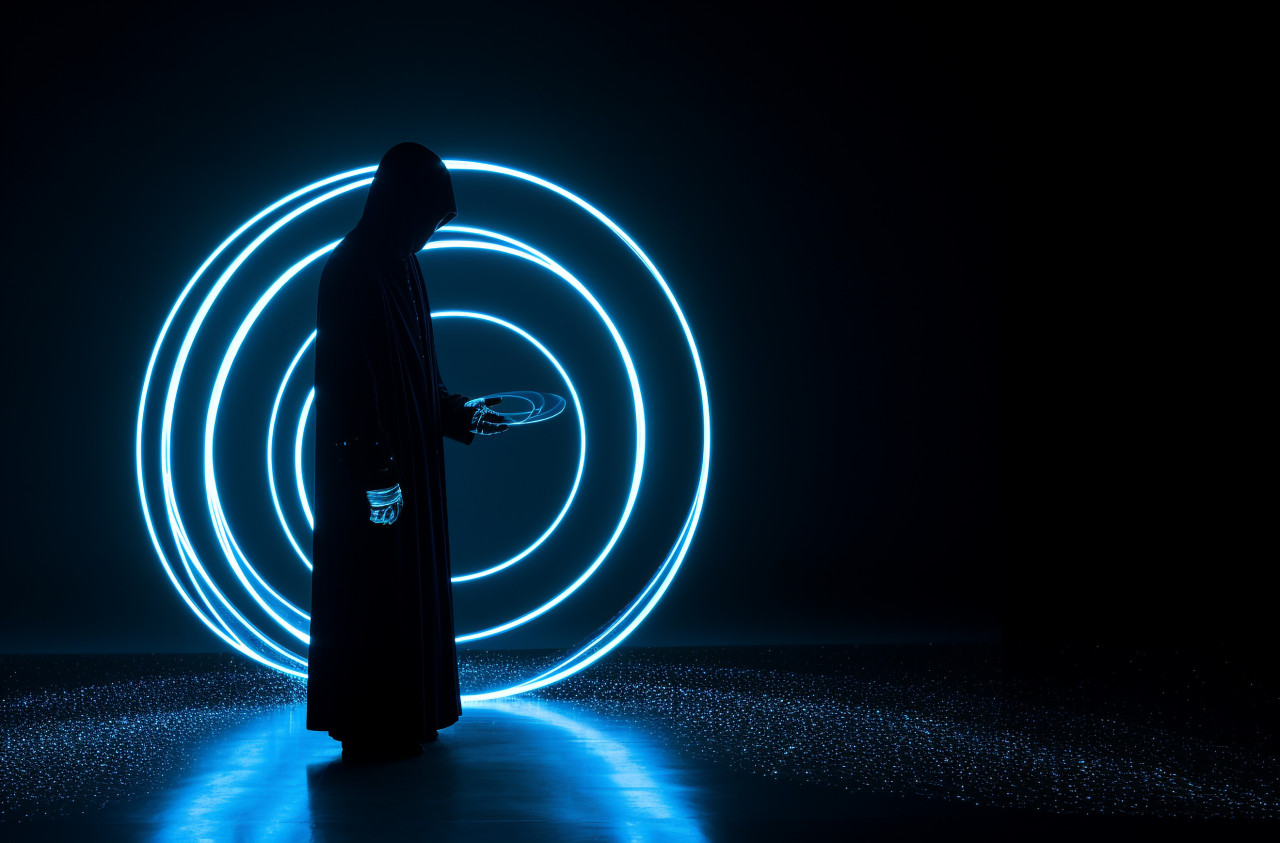 A person wearing a shiny black outfit, futuristic image