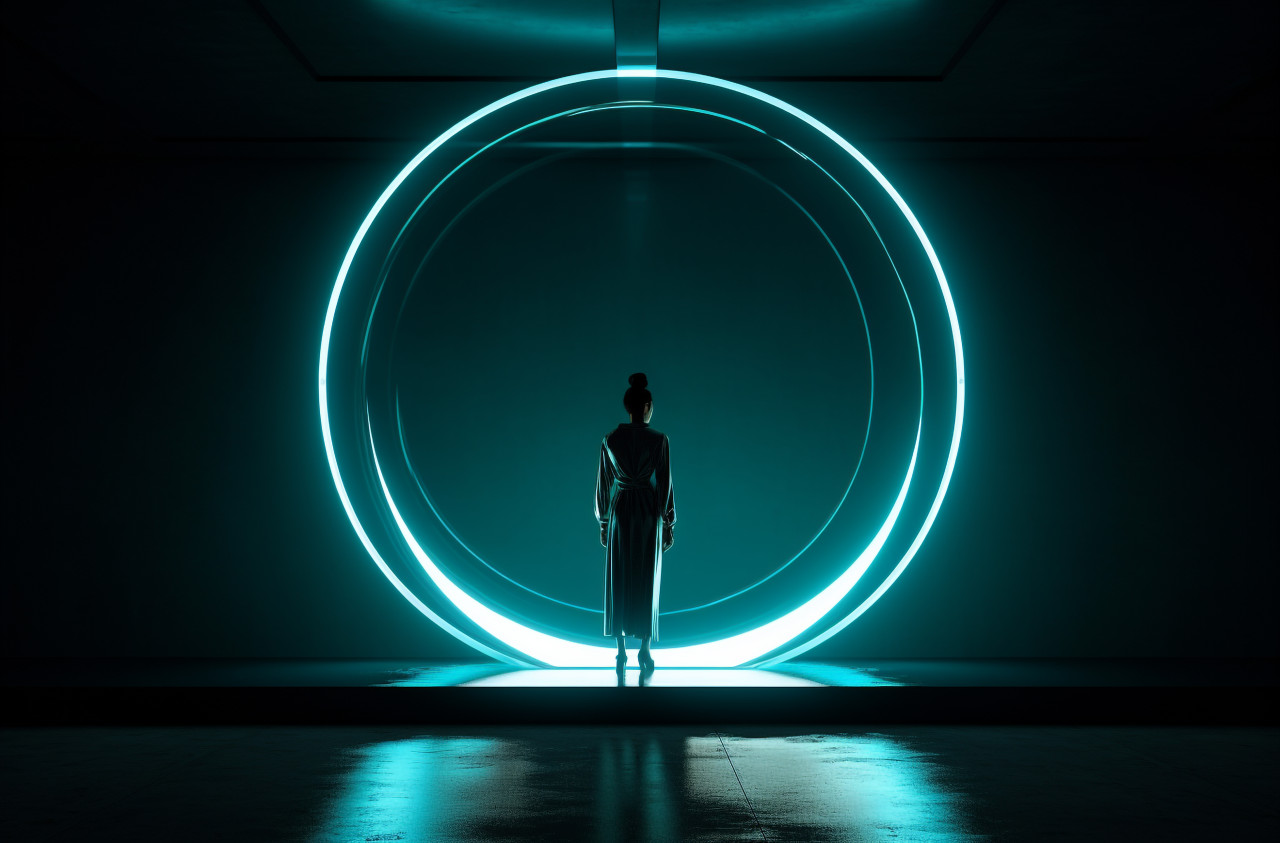 A woman dark outline stands out against a bright round hole, futuristic image