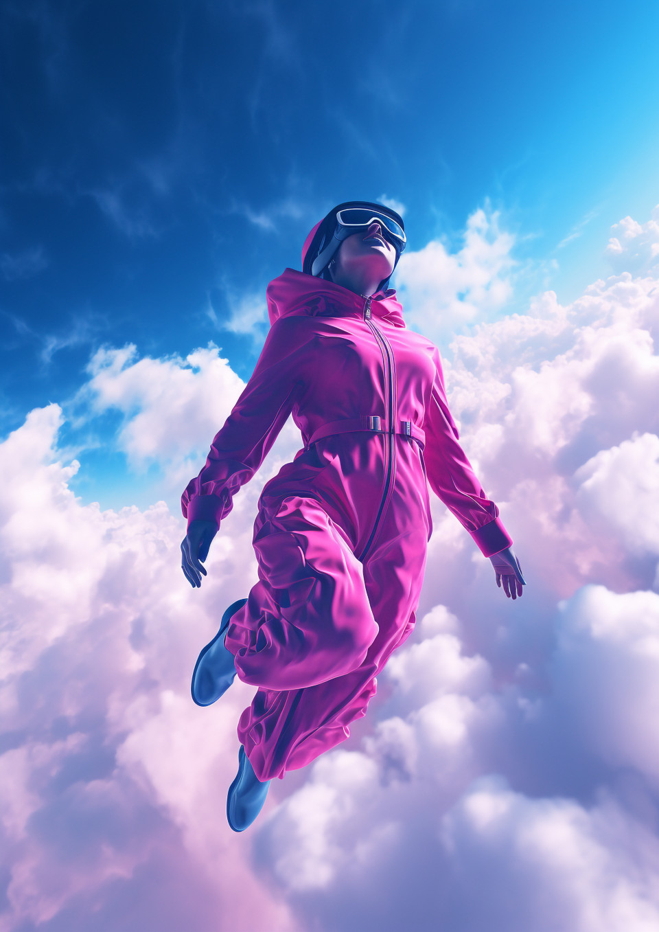 A blue man is flying up into the dark blue sky through the clouds, futuristic image
