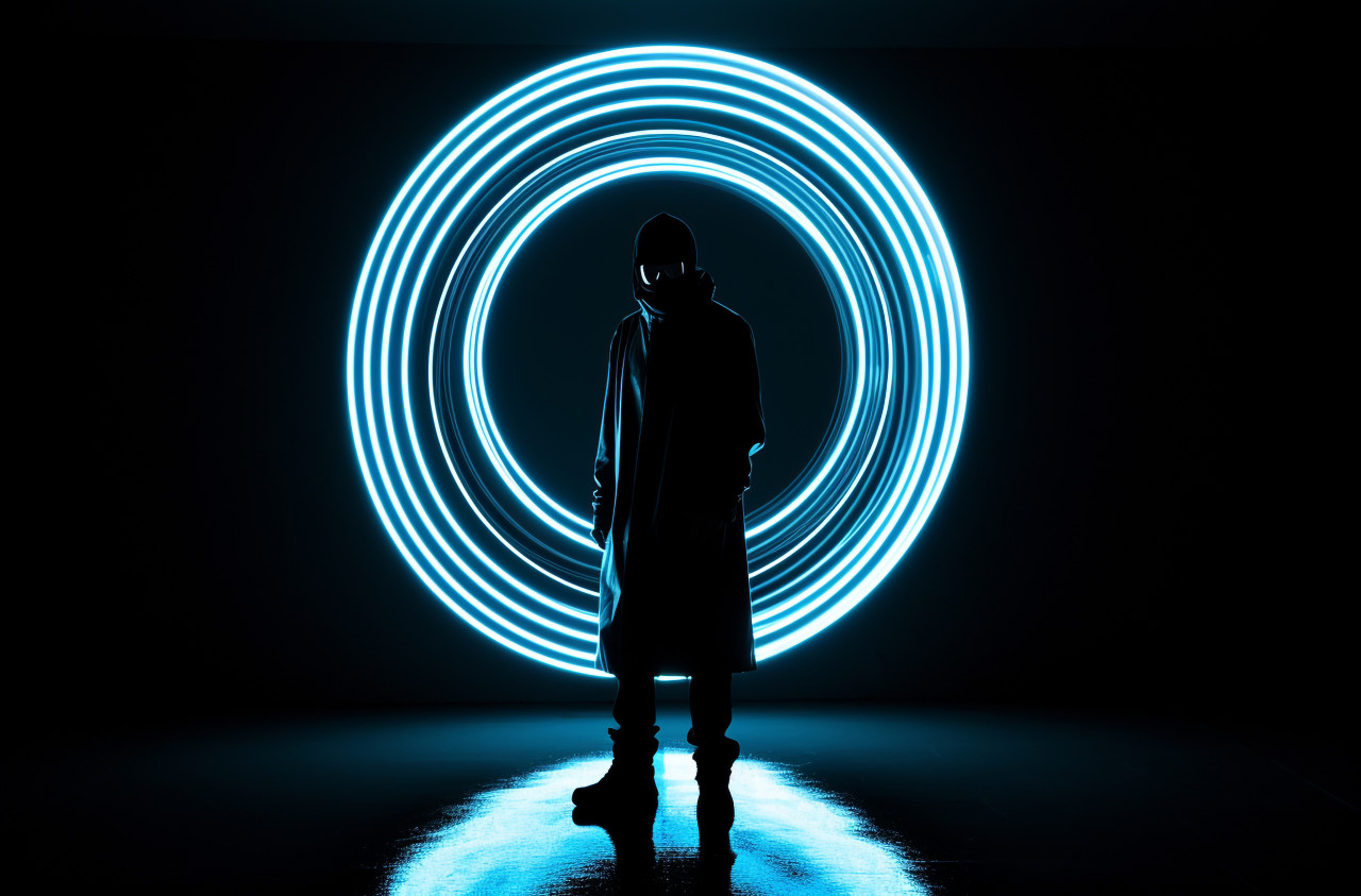 A person wearing a shiny black outfit, futuristic image