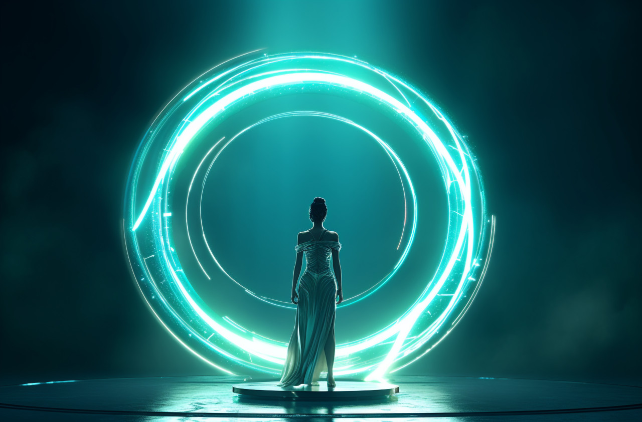 A woman is standing inside a round ring of light, futuristic image
