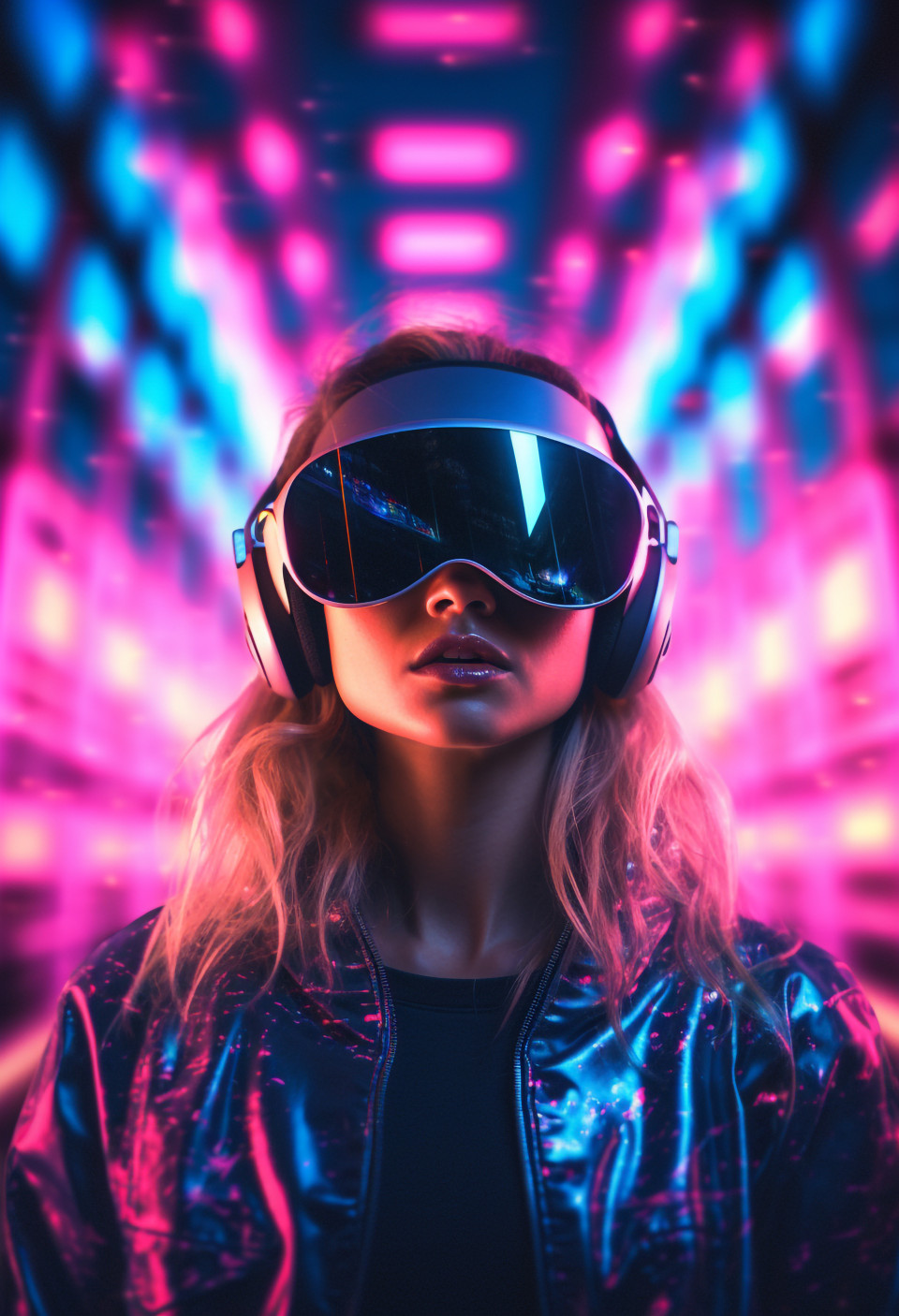 A young woman wearing a virtual reality headset with neon lights, futuristic image