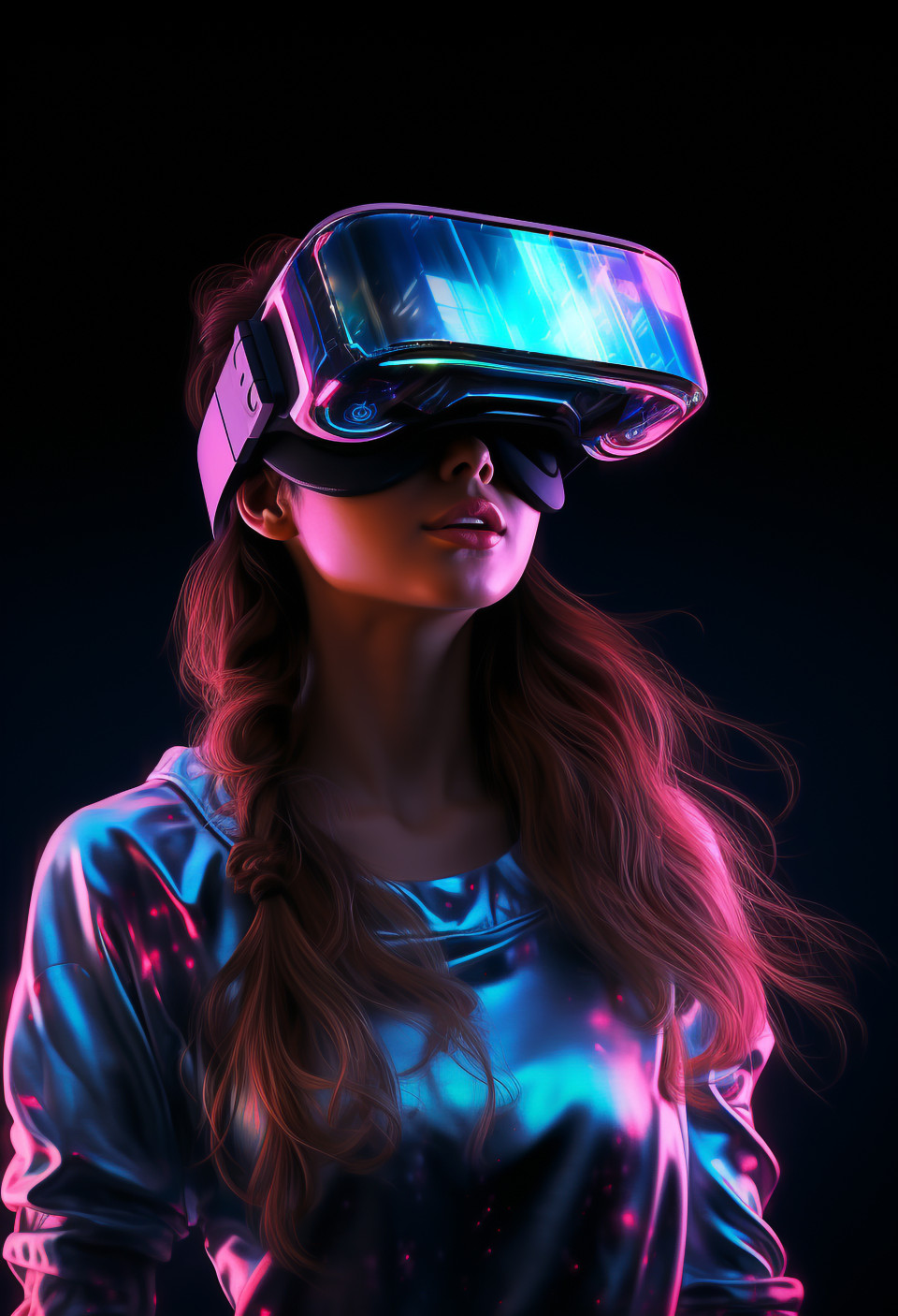 A young woman wearing a virtual reality headset with neon lights, futuristic image