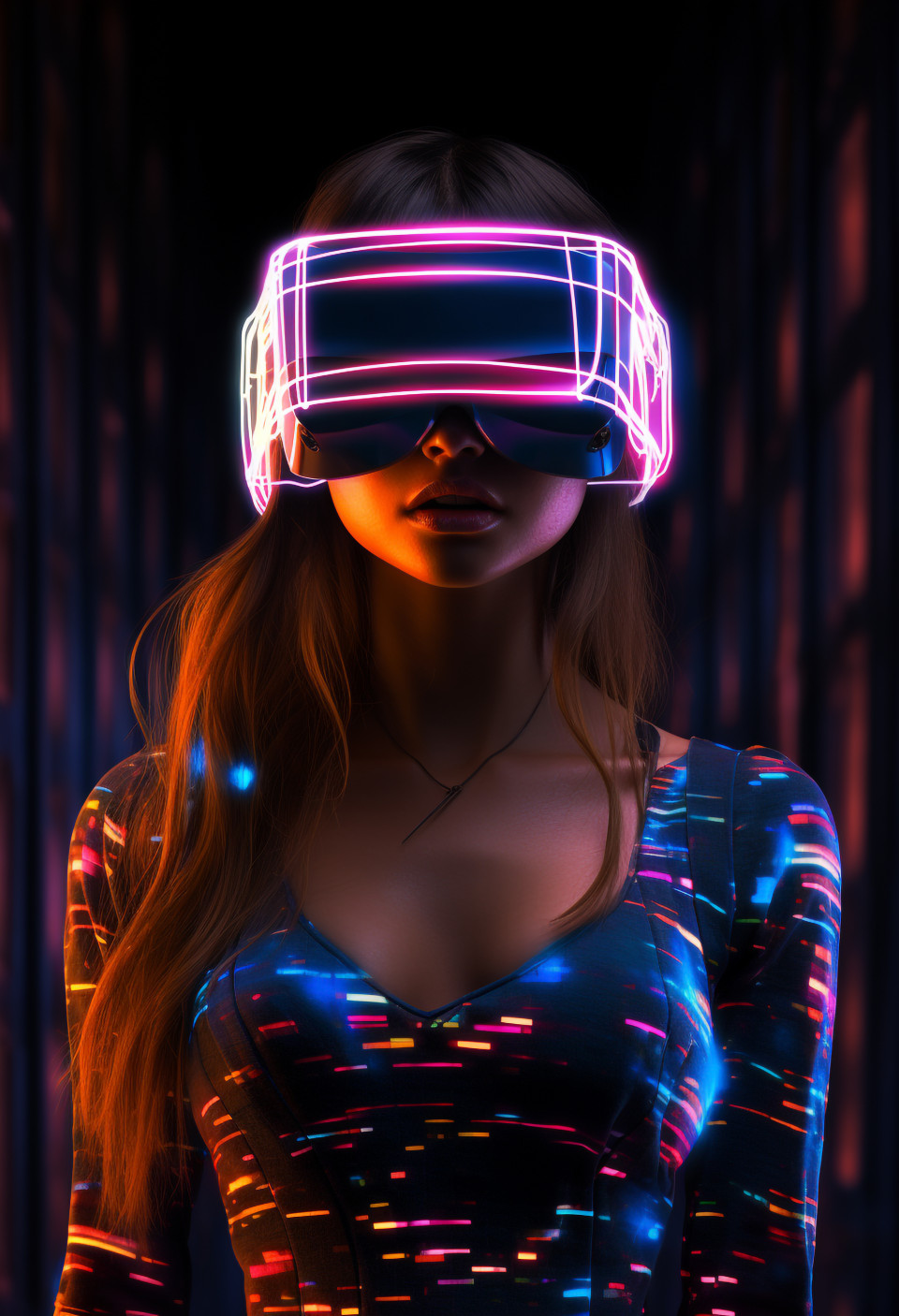 A young woman wearing a virtual reality headset with neon lights, futuristic image