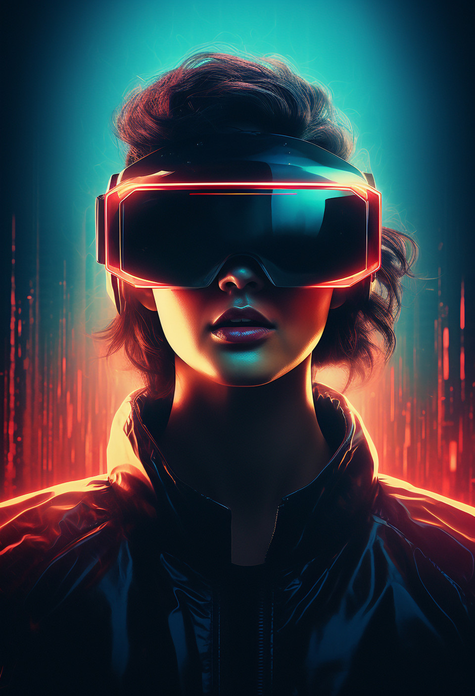 Woman wearing virtual reality glasses that glow with neon light, futuristic image