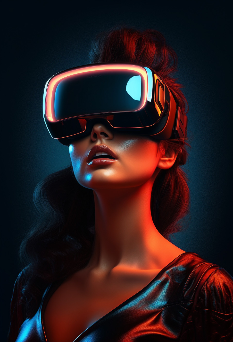 Woman wearing virtual reality glasses that glow with neon light, futuristic image