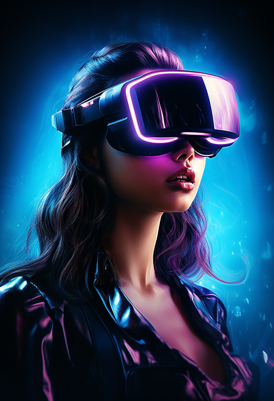 Woman wearing virtual reality glasses that glow with neon light, futuristic image