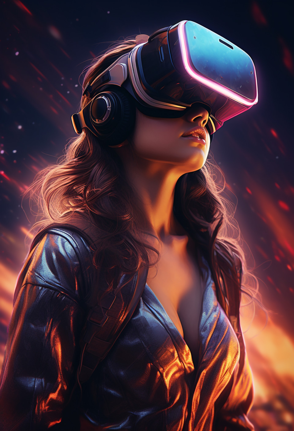 A young woman wearing a virtual reality headset with neon lights, futuristic image