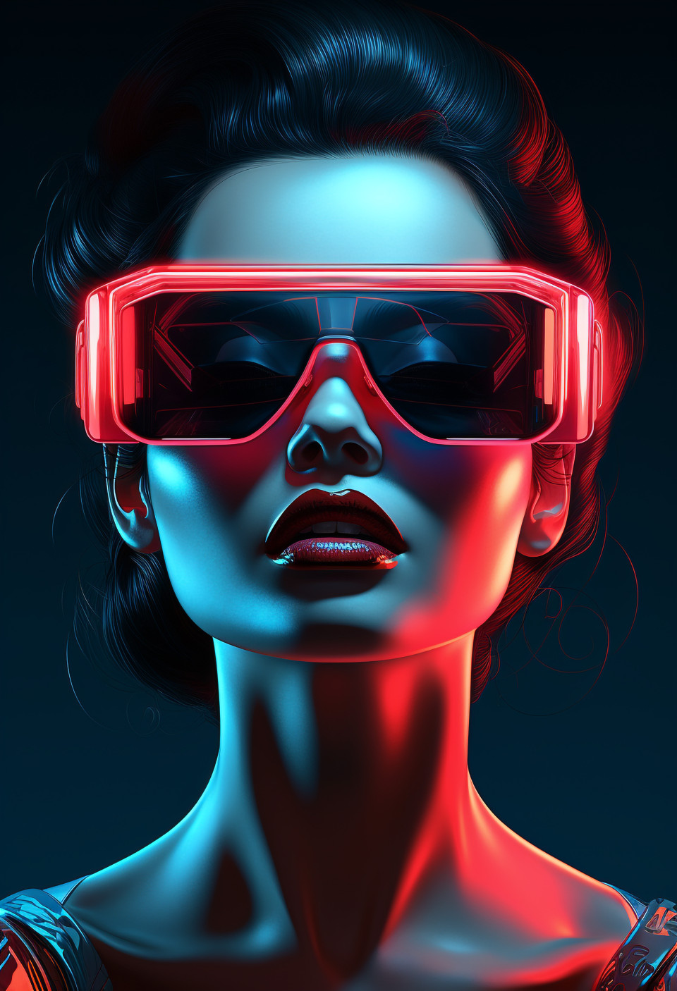 Woman wearing virtual reality glasses that glow with neon light, futuristic image