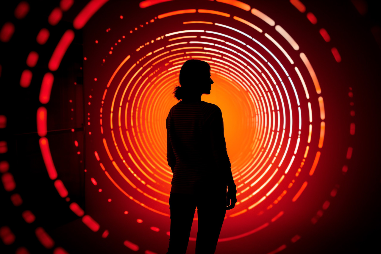 A woman outline can be seen against a round bright hole, futuristic image