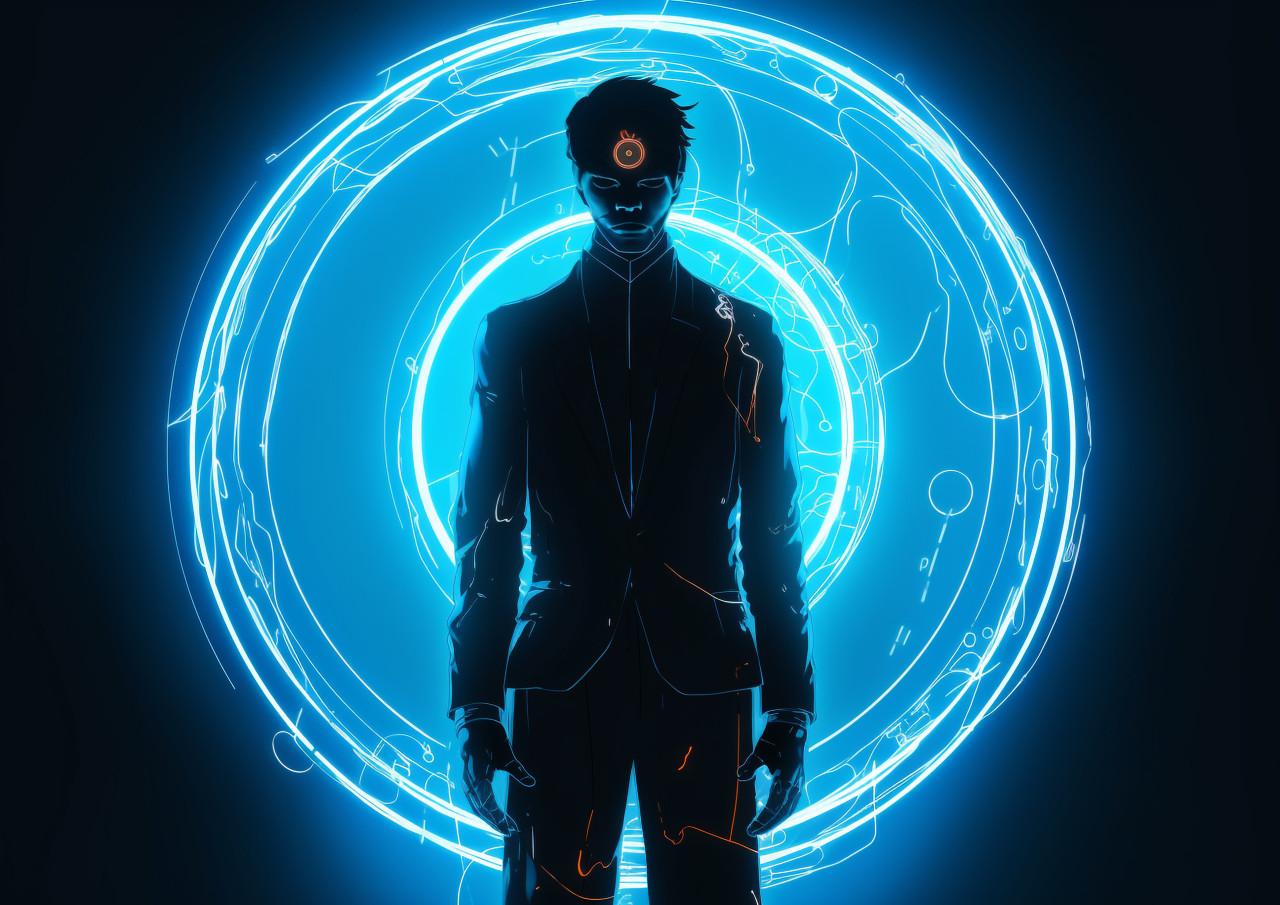 A man stands on a blue circle in front of a bright light, futuristic image