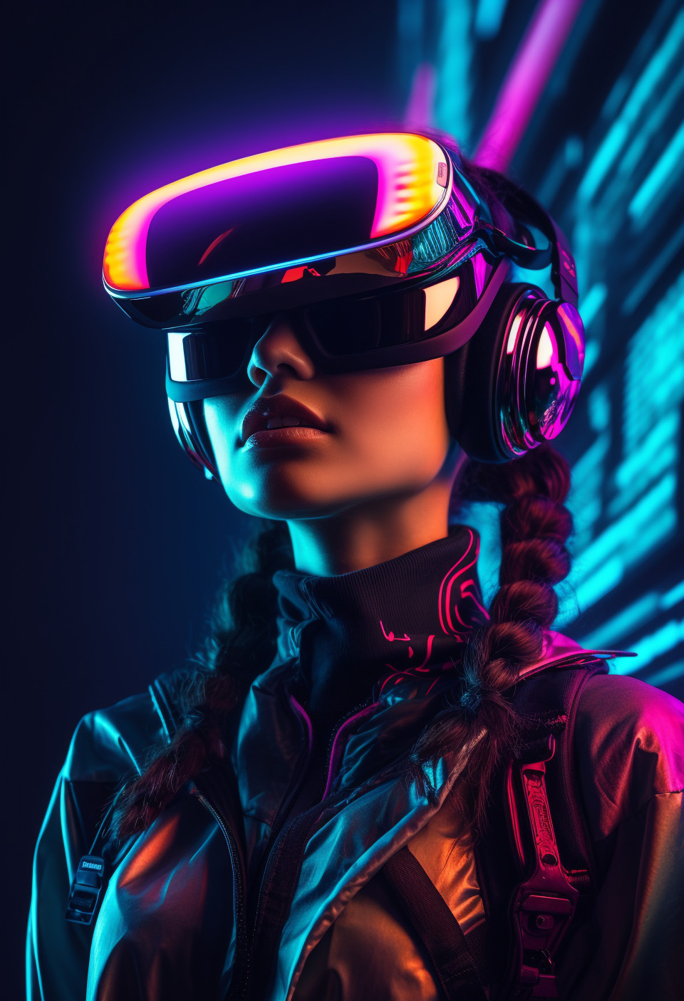 A woman with a neon vr headset on her head is surrounded by bright neon lights, futuristic image