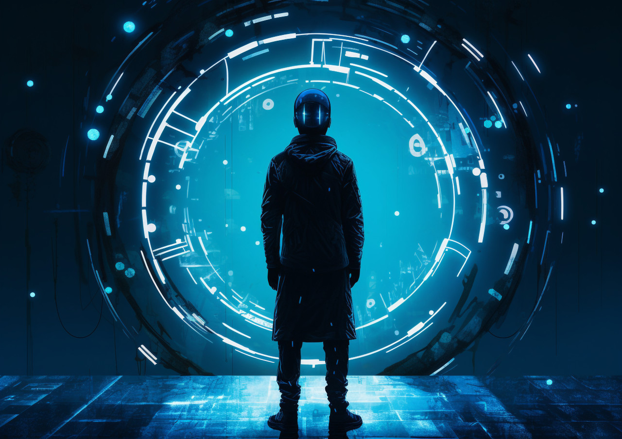 A man stands on a blue circle in front of a bright light, futuristic image