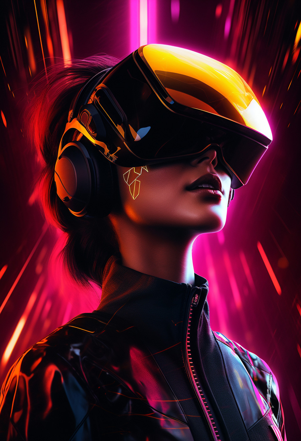 A woman with a neon vr headset on her head is surrounded by bright neon lights, futuristic image