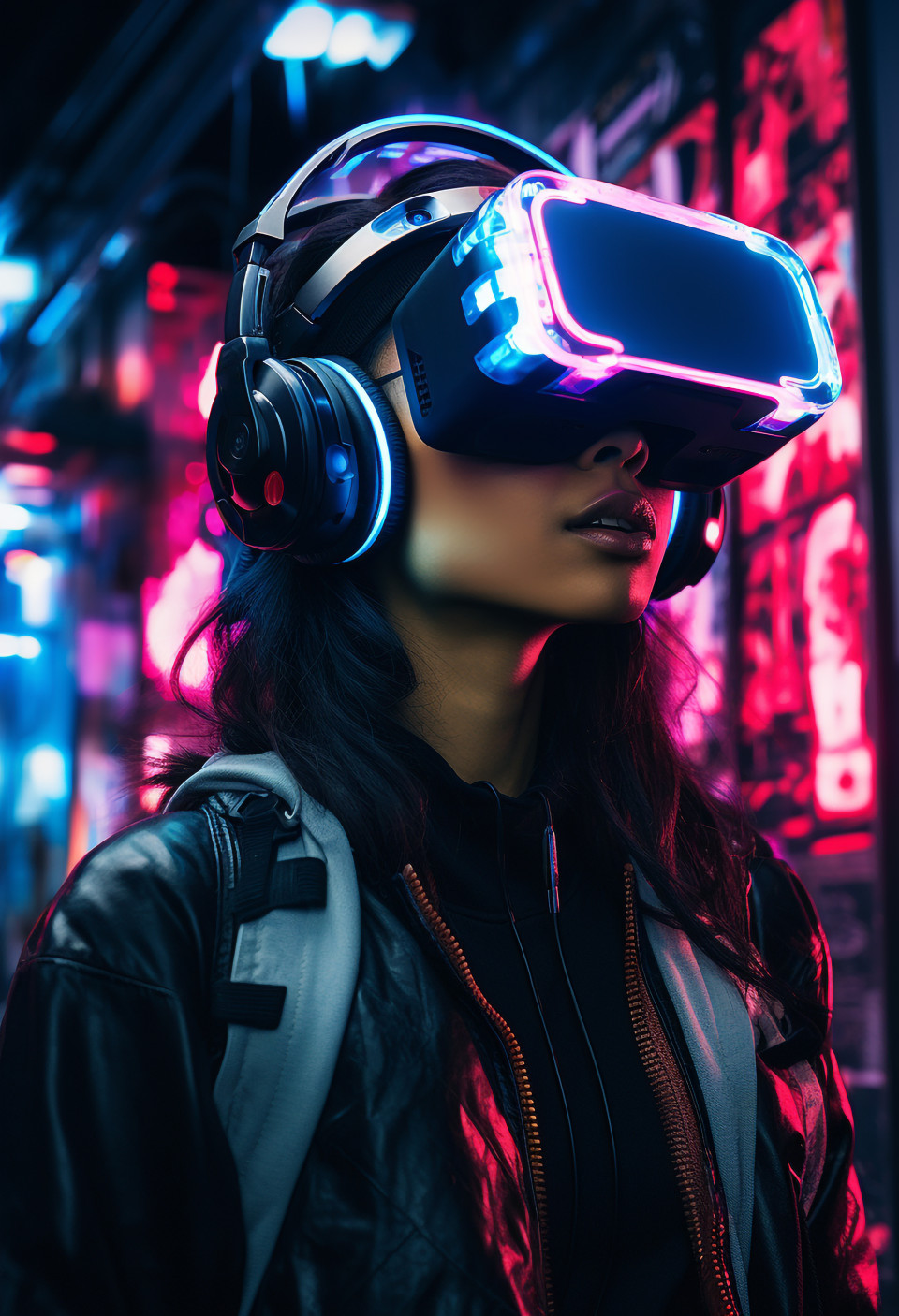A woman with a neon vr headset on her head is surrounded by bright neon lights, futuristic image