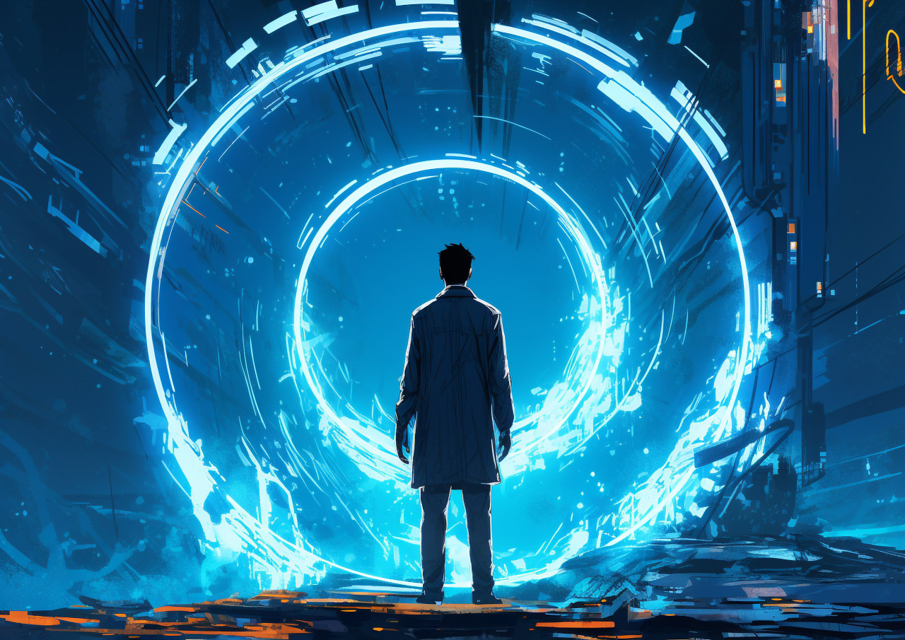A man stands on a blue circle in front of a bright light, futuristic image