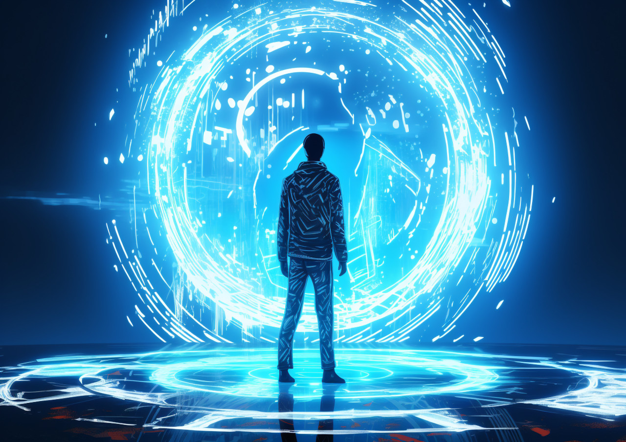 A man stands on a blue circle in front of a bright light, futuristic image