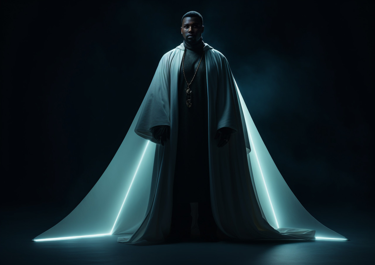 A dark-cloaked man stands in a dimly lit room, futuristic image
