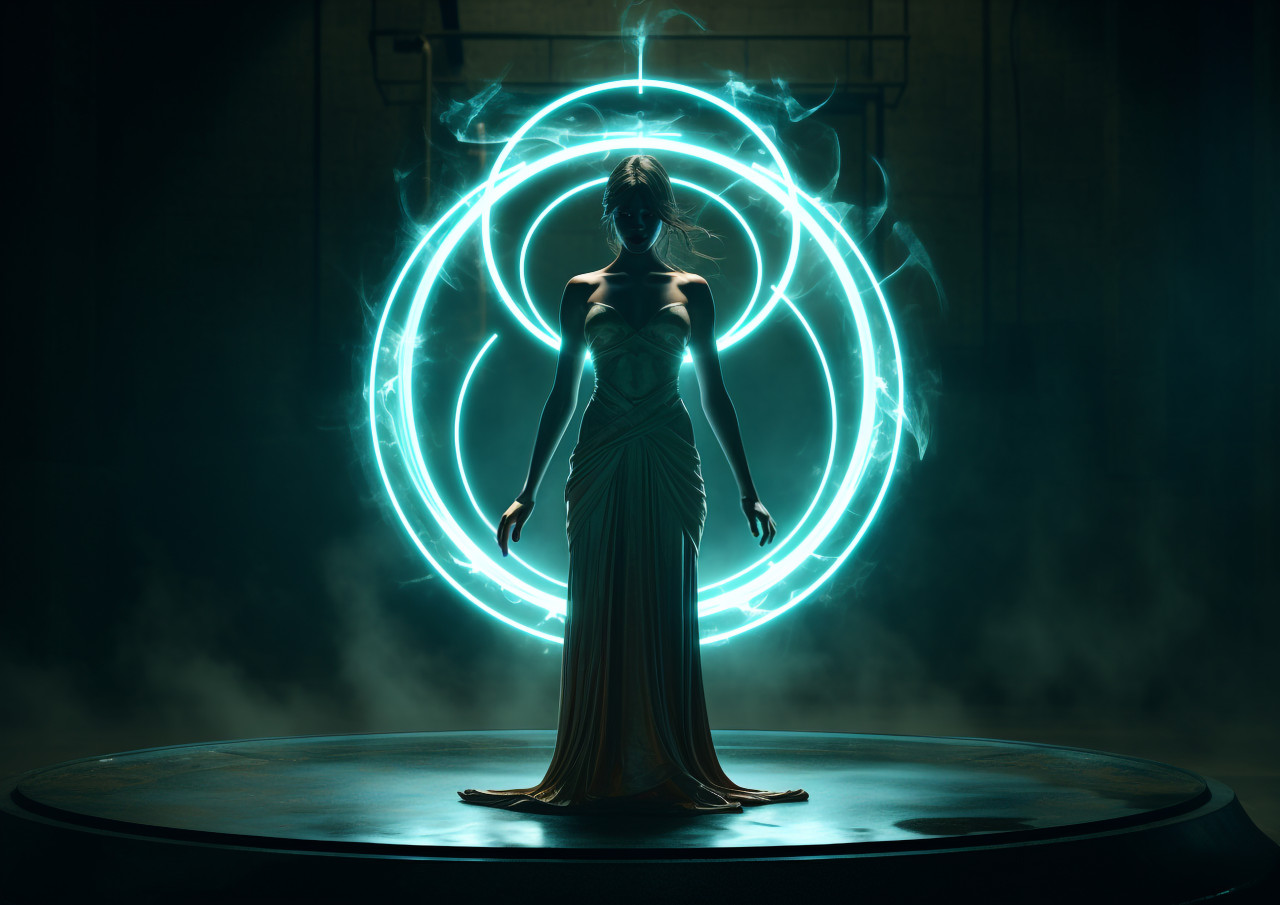 A three-dimensional image of a woman's outline, standing in a bright light, futuristic image