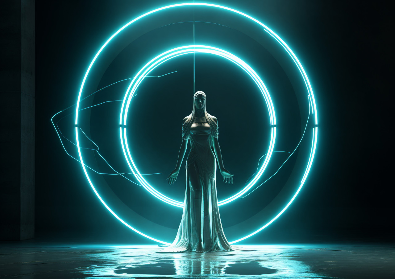 A three-dimensional image of a woman's outline, standing in a bright light, futuristic image