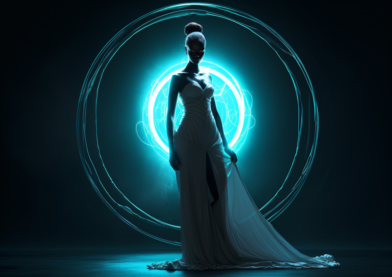 A three-dimensional image of a woman's outline, standing in a bright light, futuristic image