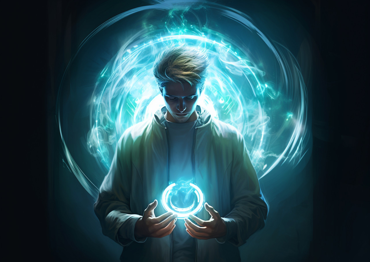 A man is standing with a bright circle of light around his head, futuristic image