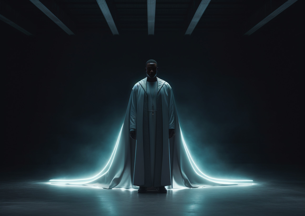A dark-cloaked man stands in a dimly lit room, futuristic image