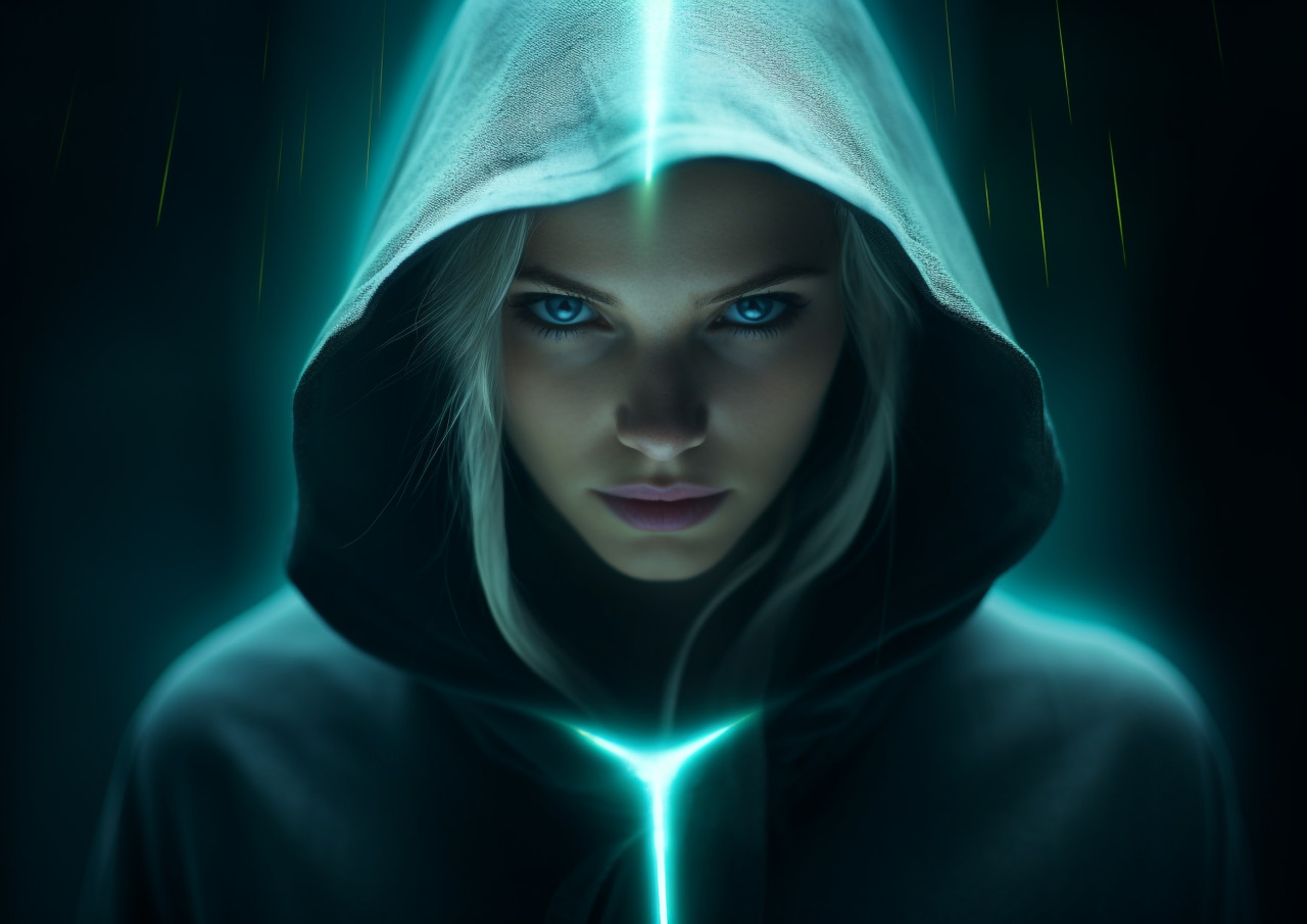 A woman with bright and expressive eyes, futuristic image
