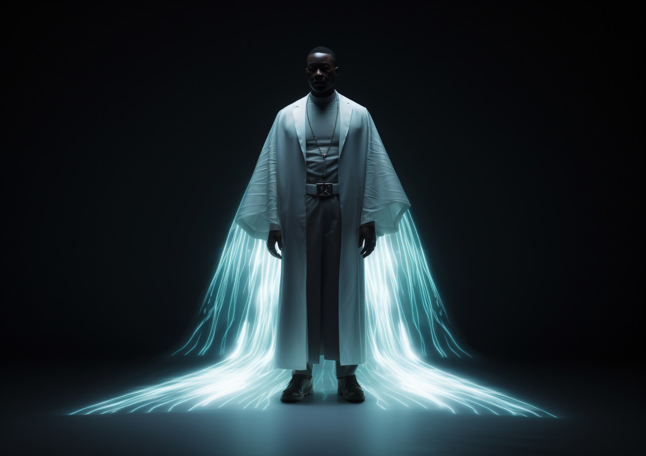A dark-cloaked man stands in a dimly lit room, futuristic image