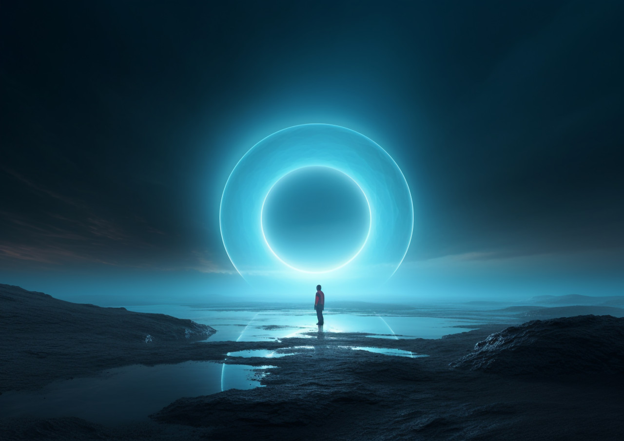 A picture of a man standing on the moon, with a bright ring of light behind him, futuristic image