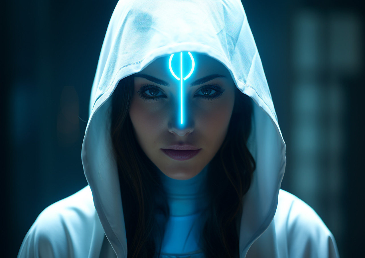 A woman with bright and expressive eyes, futuristic image