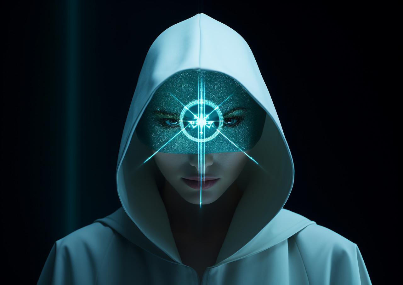 A woman with bright and expressive eyes, futuristic image