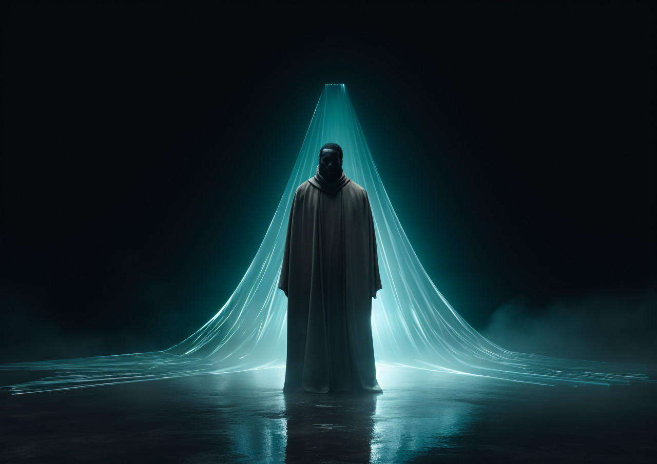 A dark-cloaked man stands in a dimly lit room, futuristic image