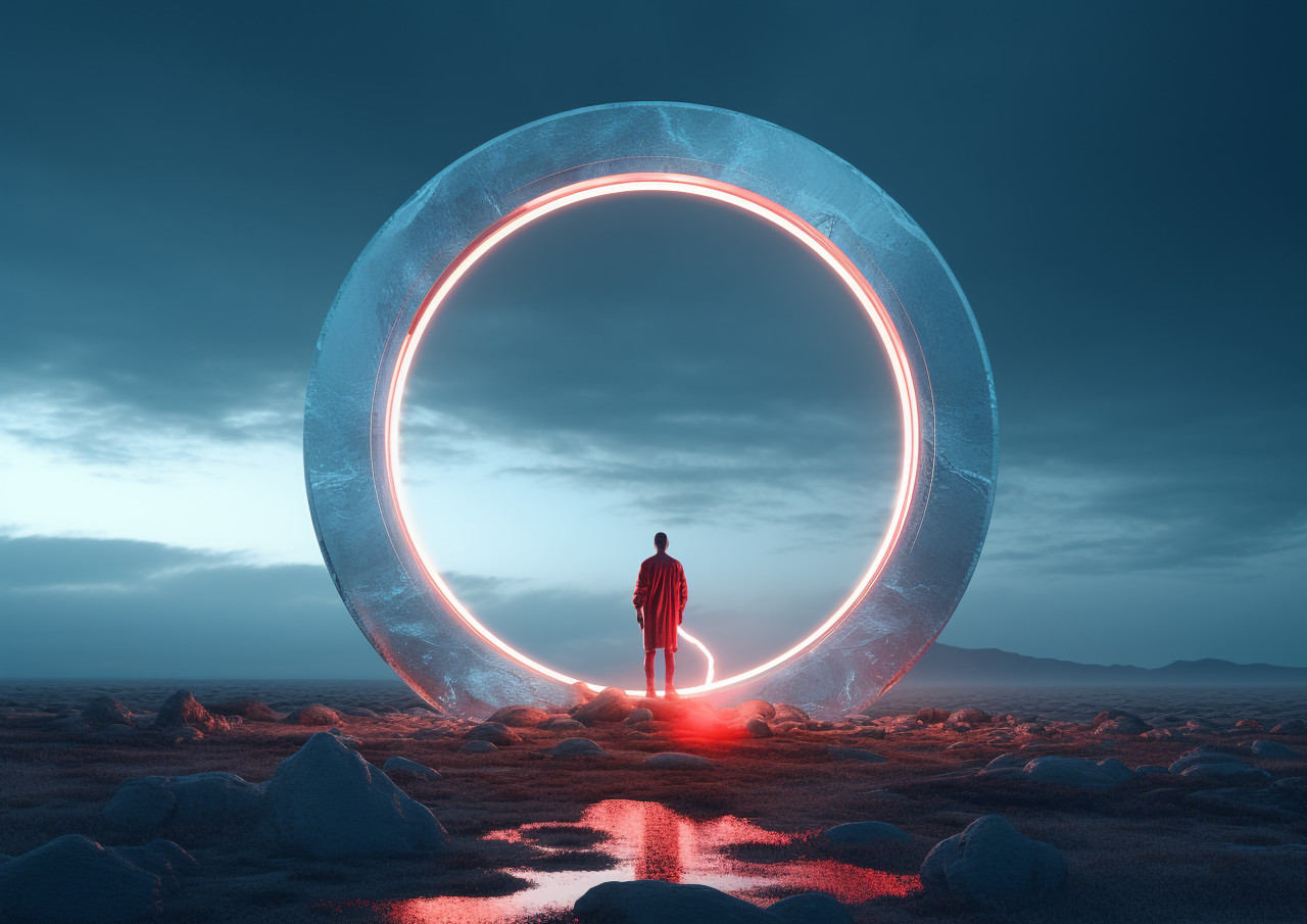 A picture of a man standing on the moon, with a bright ring of light behind him, futuristic image