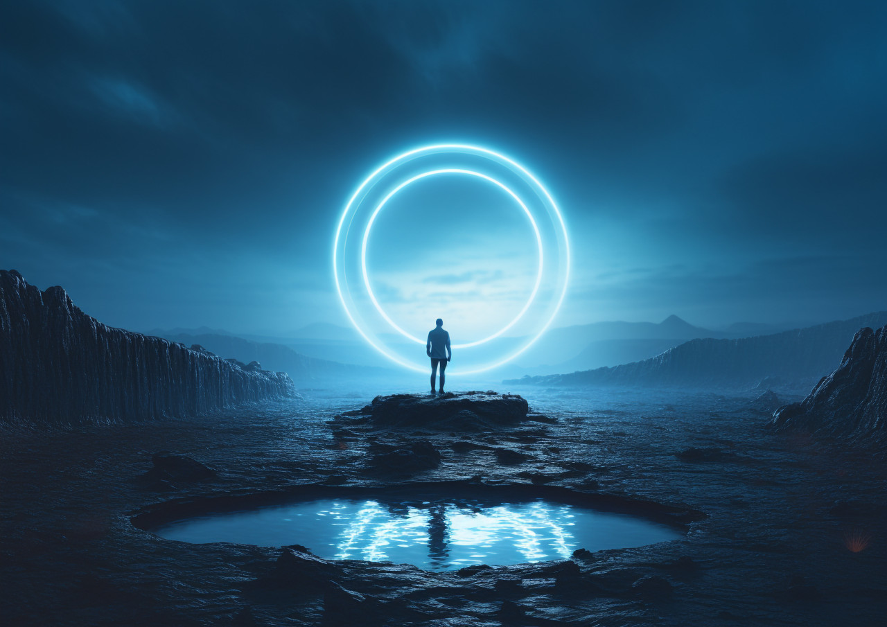 A picture of a man standing on the moon, with a bright ring of light behind him, futuristic image