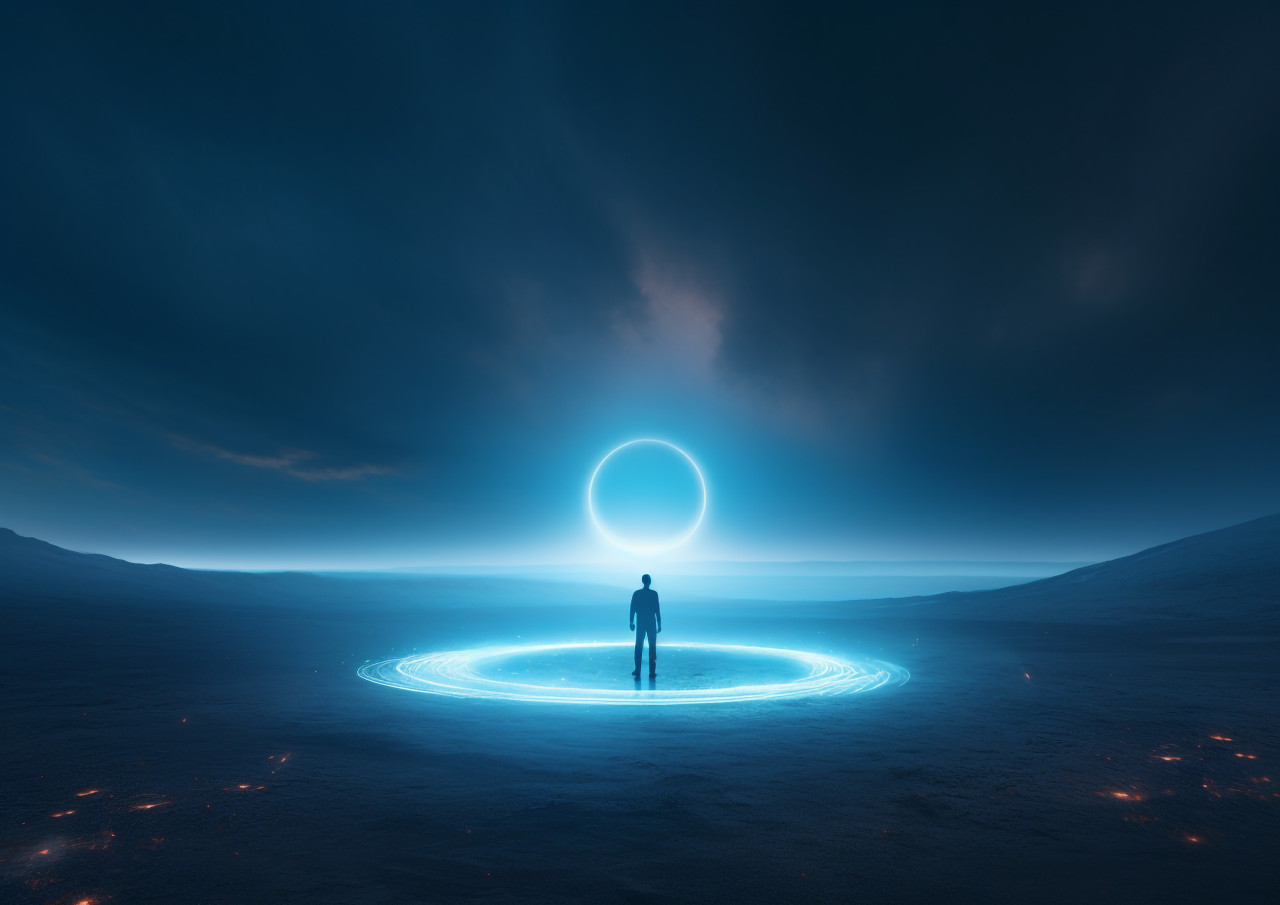 Someone is standing inside a round light, futuristic image