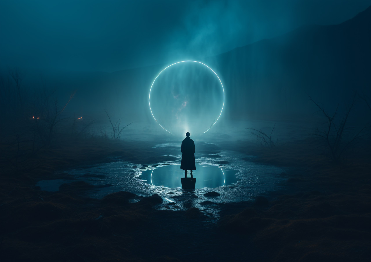Someone is standing inside a round light, futuristic image
