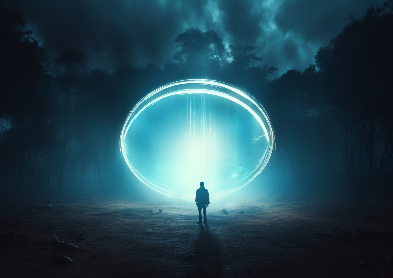 Someone is standing inside a round light, futuristic image